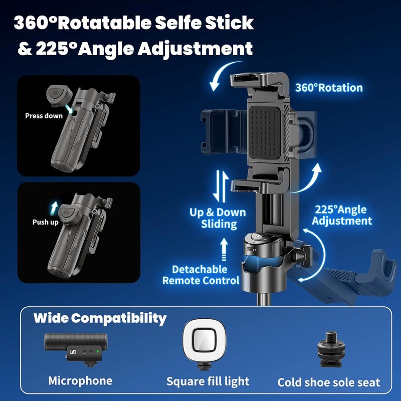 Busdebon 4 in 1 Mini Selfie Stick for iPhone, Portable Compact Pocket Selfie Stick Tripod with Bluetooth Remote, 360° Rotation Small Tiny Selfie Stick for Commuting Travel Vlogging - Image 3